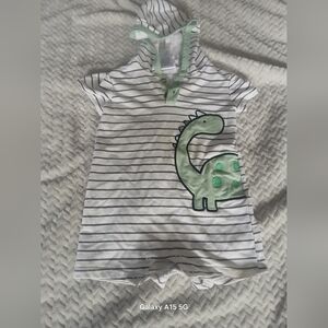 Striped Hooded Dino One-Piece Romper in Mint and White